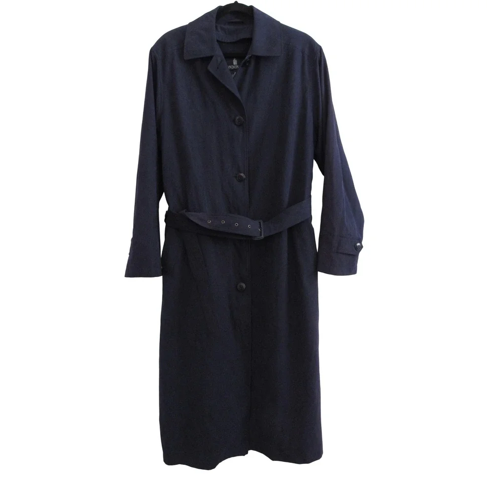 London Fog Trench Rain Coat Women 12 Navy Blue Belted Zip out Liner Long Classic - Picture 1 of 8